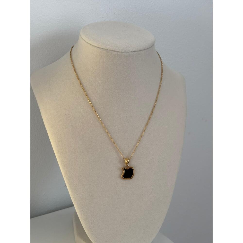Black Apple Pendant Necklace Gold Stainless Steel Minimal Charm Gift - Picture 2 of 5